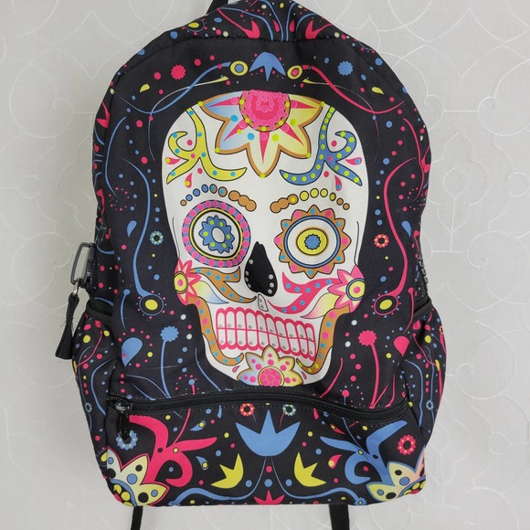 Mojo Kids Bag One Size Multicolor Black Skull Graphic Print Zip Closure Backpack - Picture 1 of 6